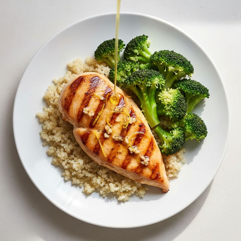 Grilled Lemon Garlic Chicken Breast with Quinoa and Steamed Broccoli