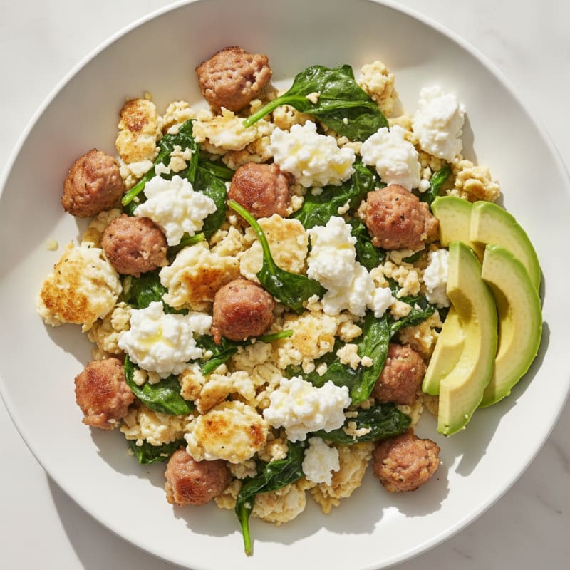 Egg White and Turkey Sausage Scramble with Cottage Cheese and Spinach