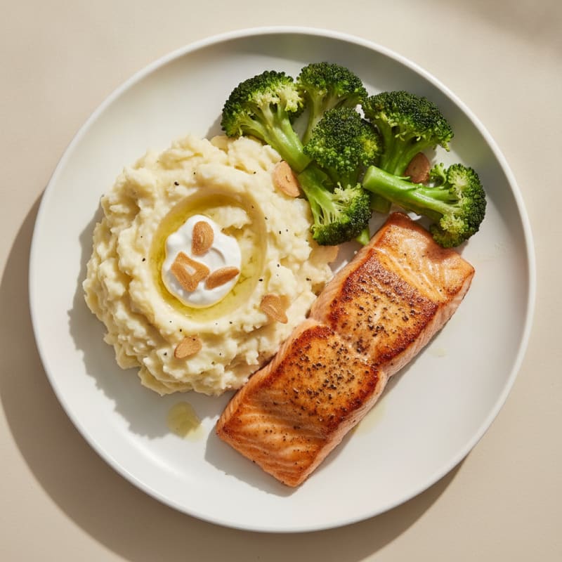 Seared Salmon with Steamed Broccoli and Garlic Mashed Potatoes