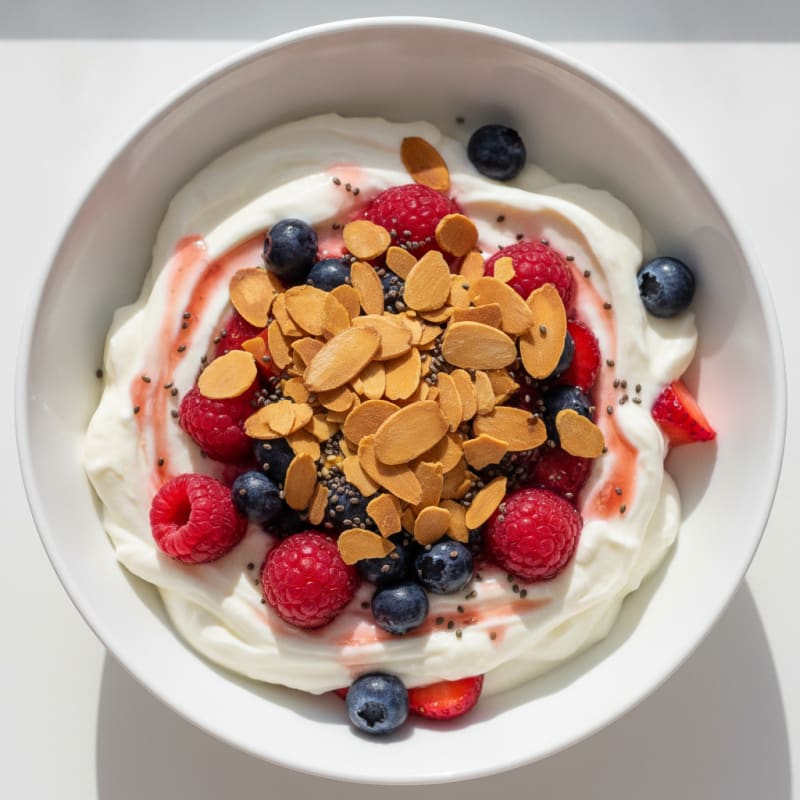 Greek Yogurt Protein Parfait with Mixed Berries and Sliced Almonds