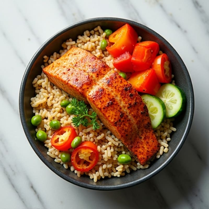 Spicy Seared Salmon and Crunchy Vegetable Rice Bowl