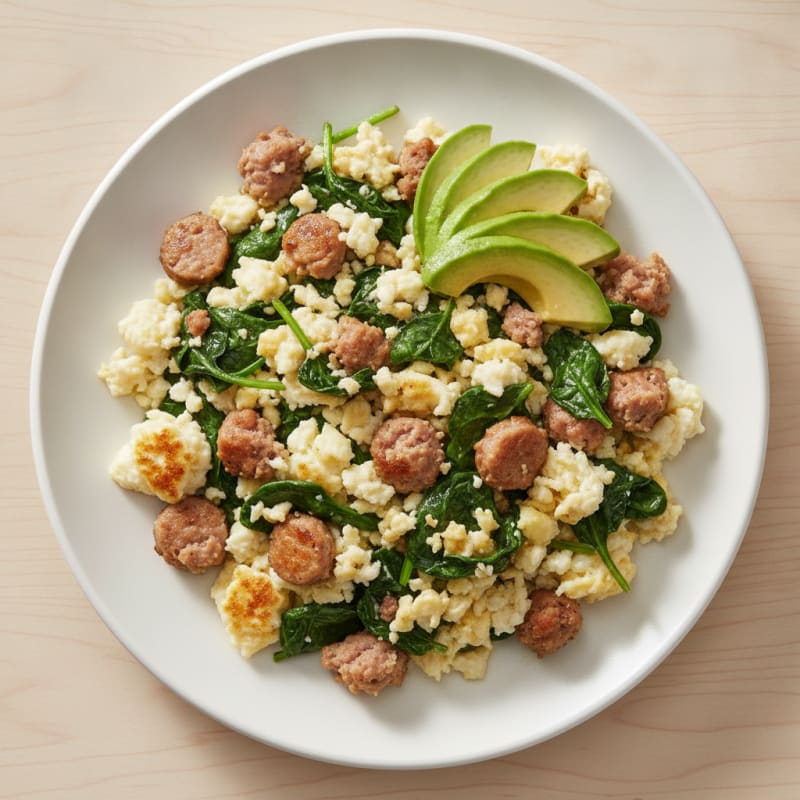 Egg White Scramble with Turkey Sausage and Sautéed Spinach