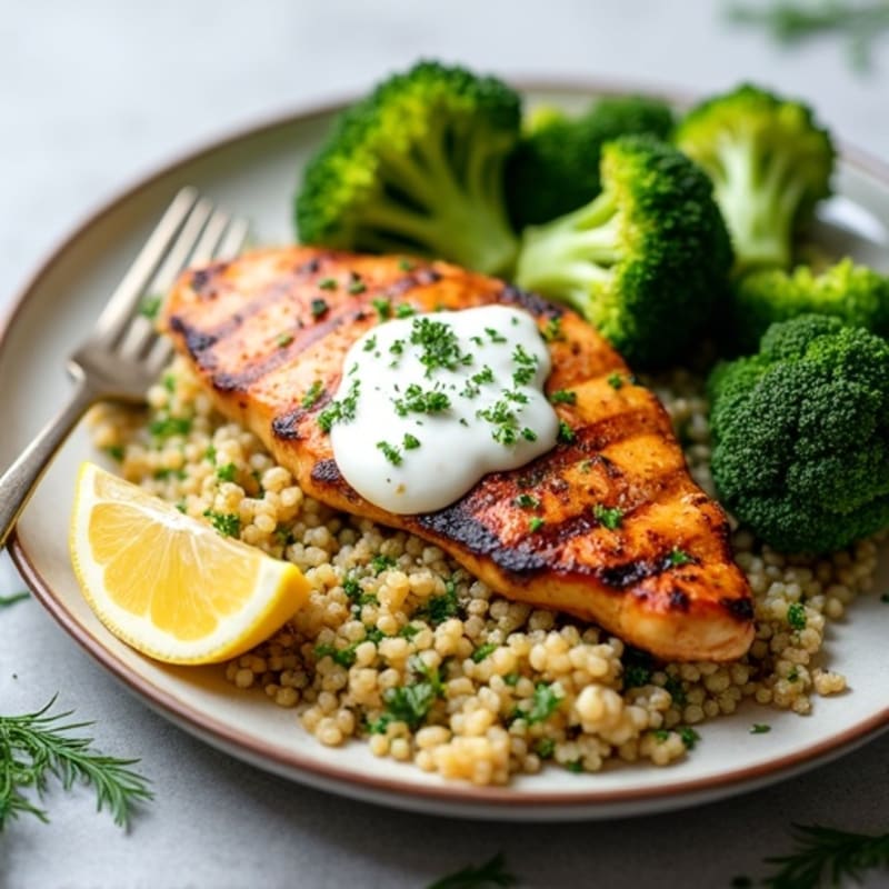 Grilled Chicken Breast with Quinoa, Roasted Broccoli and Greek Yogurt Herb Sauce