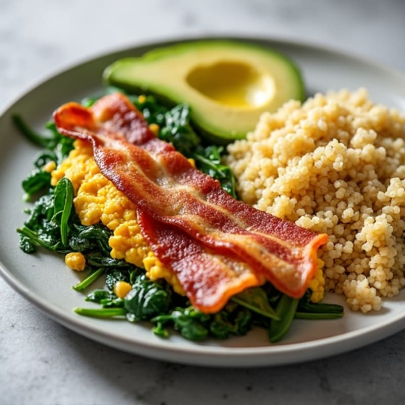 Crispy Turkey Bacon and Egg White Scramble with Sautéed Spinach