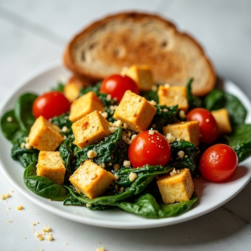Crispy Tofu Scramble with Spinach and Cherry Tomatoes
