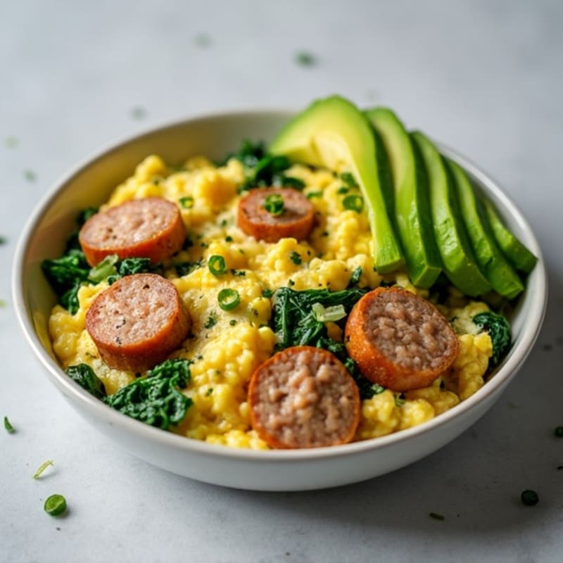 Egg White Spinach Scramble with Turkey Sausage