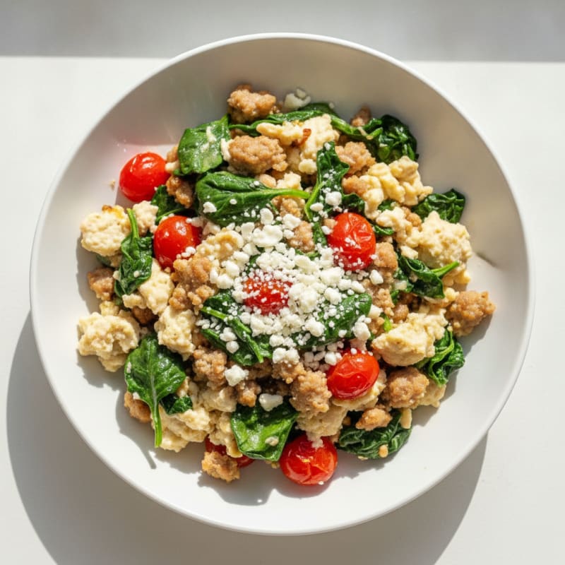 Egg White and Turkey Sausage Scramble with Spinach and Cherry Tomatoes