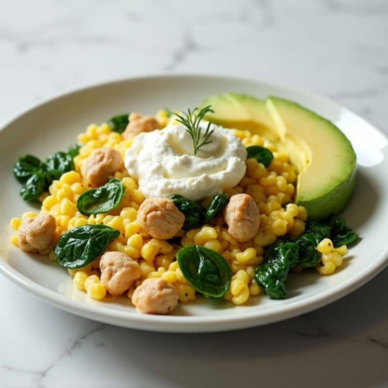 Egg White and Turkey Spinach Scramble with Cottage Cheese and Avocado