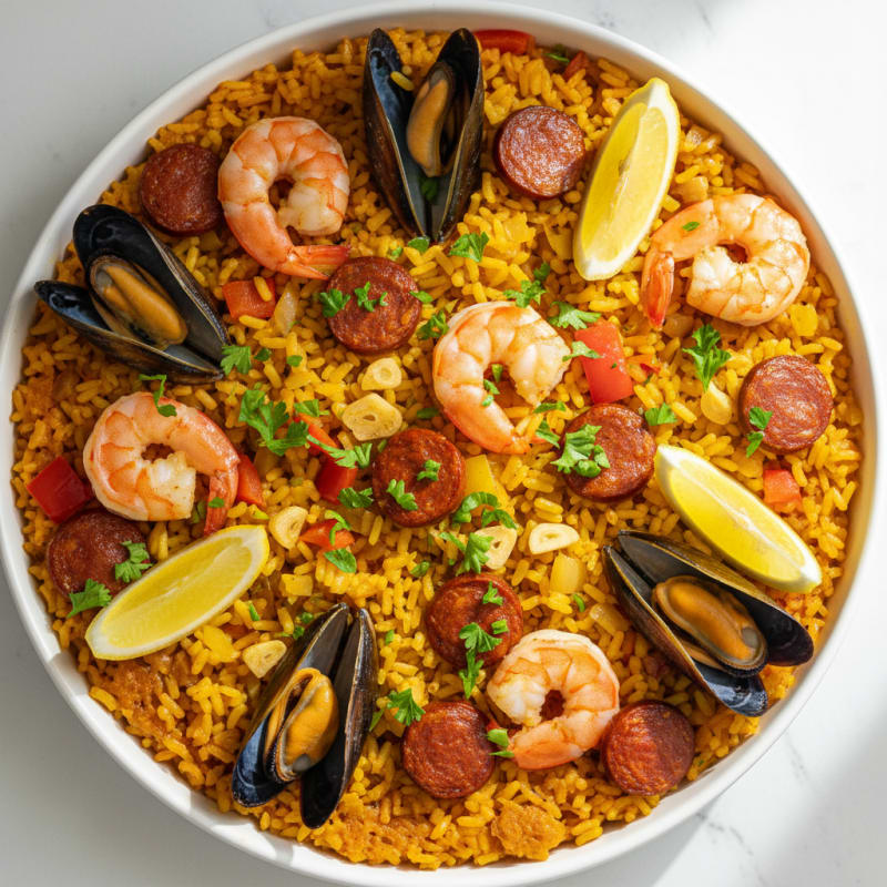 Saffron Seafood Paella with Chorizo