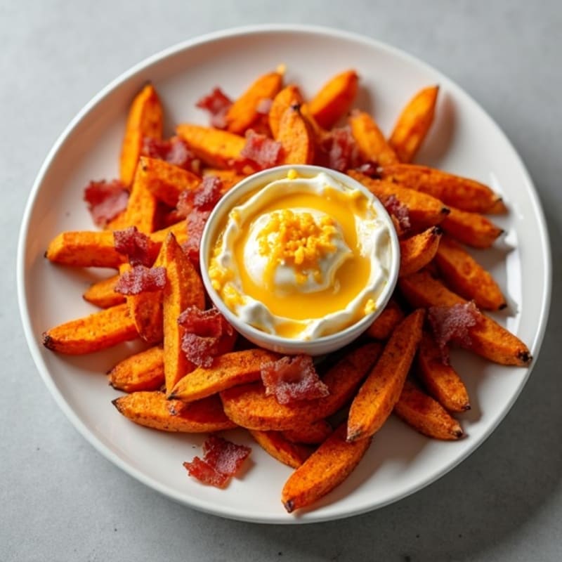 Crispy Baked Sweet Potato Fries with Creamy Cheddar Sauce and Crispy Bacon