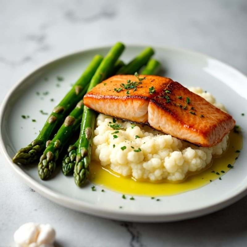 Seared Salmon Fillet with Steamed Asparagus and Cauliflower Mash