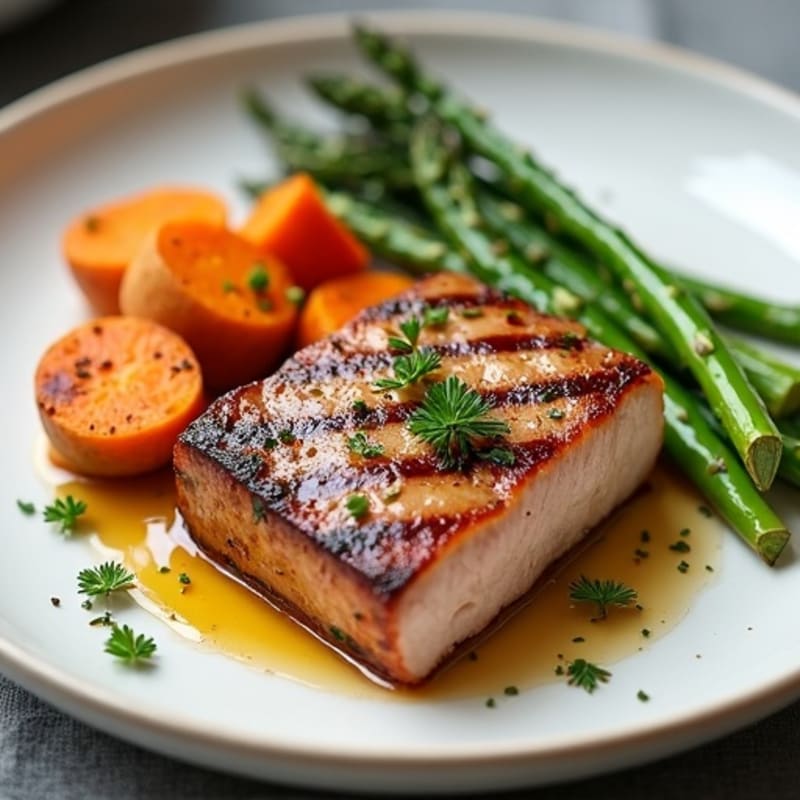 Seared Tuna Steak with Steamed Asparagus, Roasted Sweet Potato & Sourdough Toast