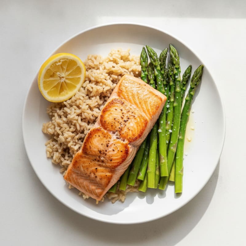 Seared Salmon Fillet with Steamed Asparagus and Brown Rice