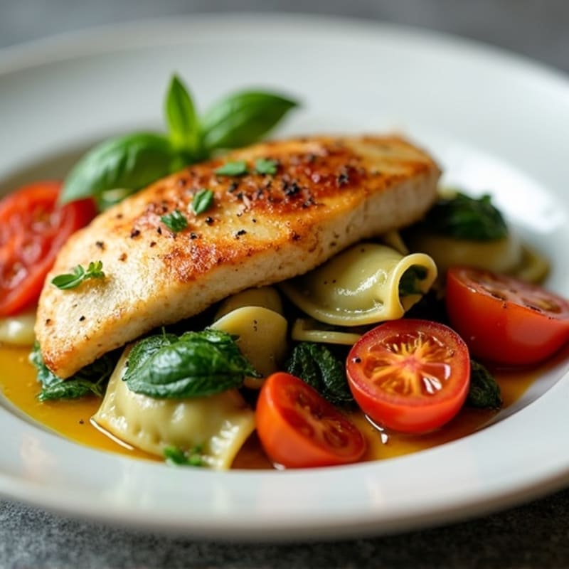 Spinach Ravioli with Pan-Seared Chicken and Blistered Tomatoes