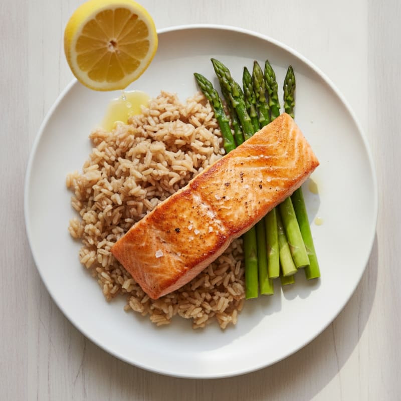 Seared Salmon Fillet with Brown Rice and Steamed Asparagus
