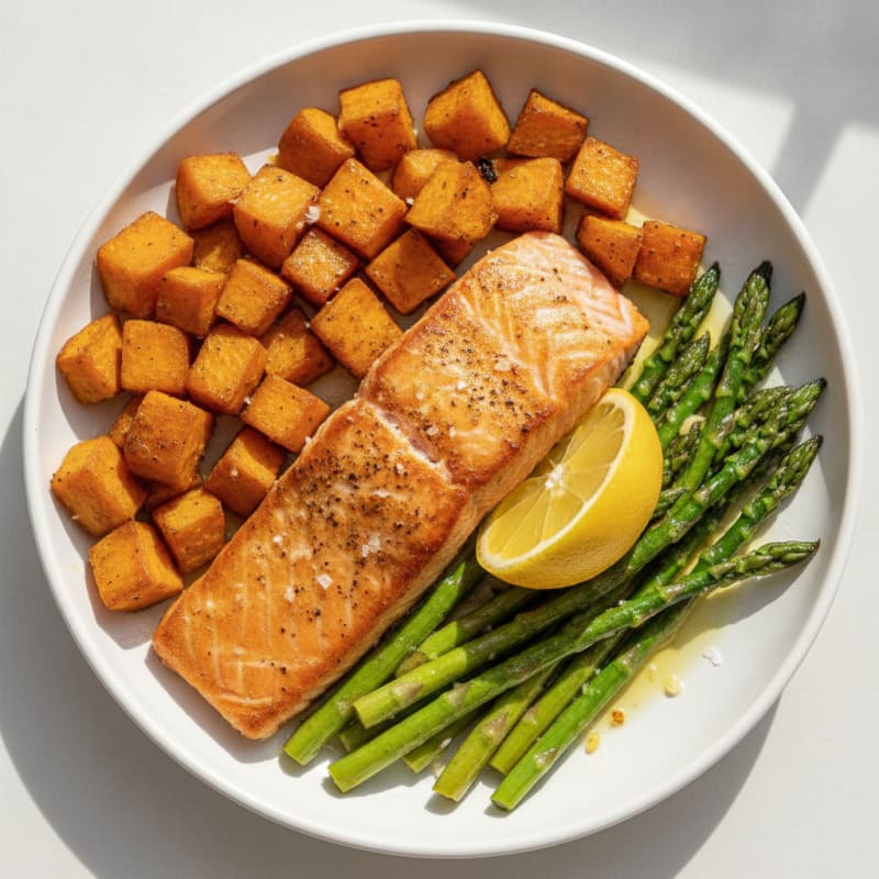 Seared Salmon with Roasted Sweet Potato and Asparagus