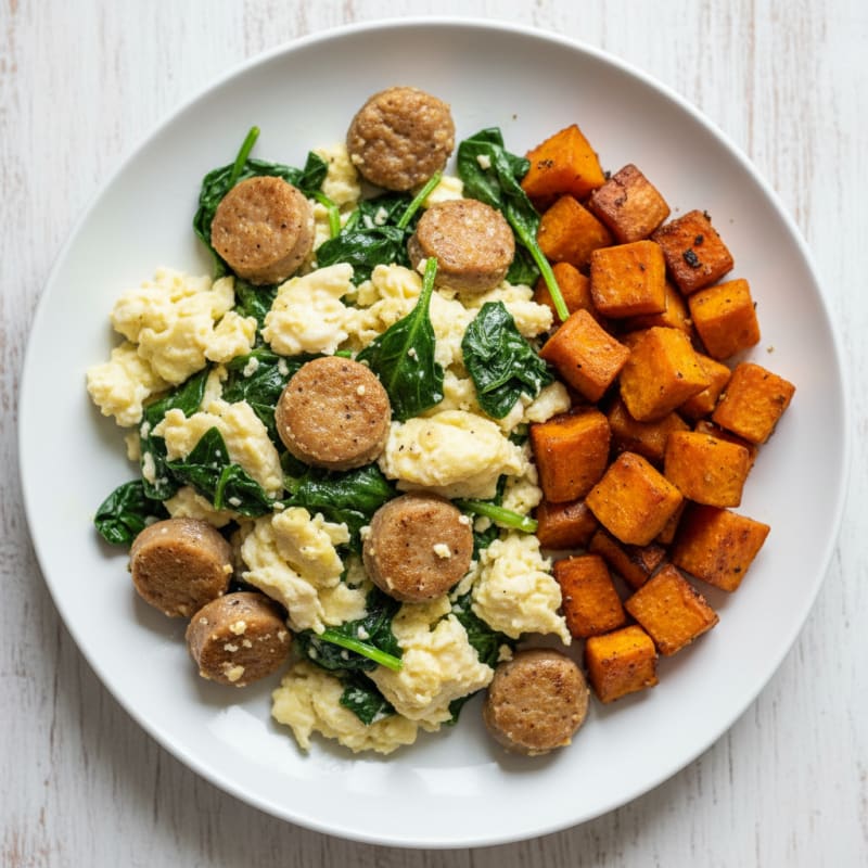Egg White and Turkey Sausage Scramble with Sautéed Spinach and Sweet Potato