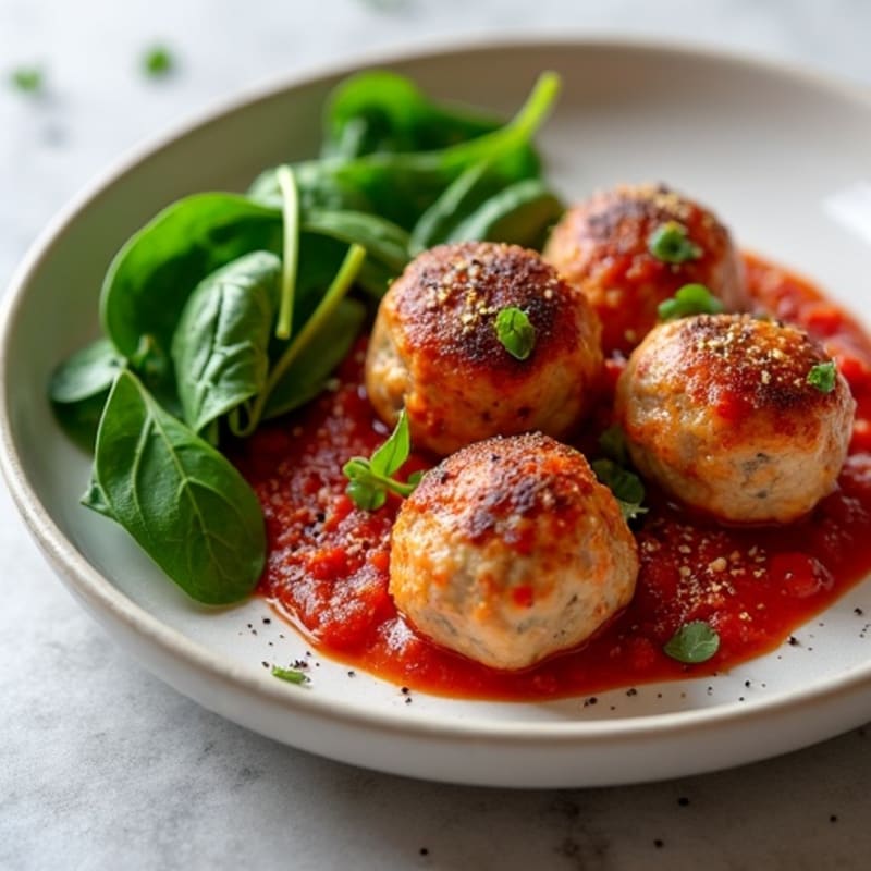 Lean Turkey Meatballs in Rich Tomato Sauce with Fresh Spinach