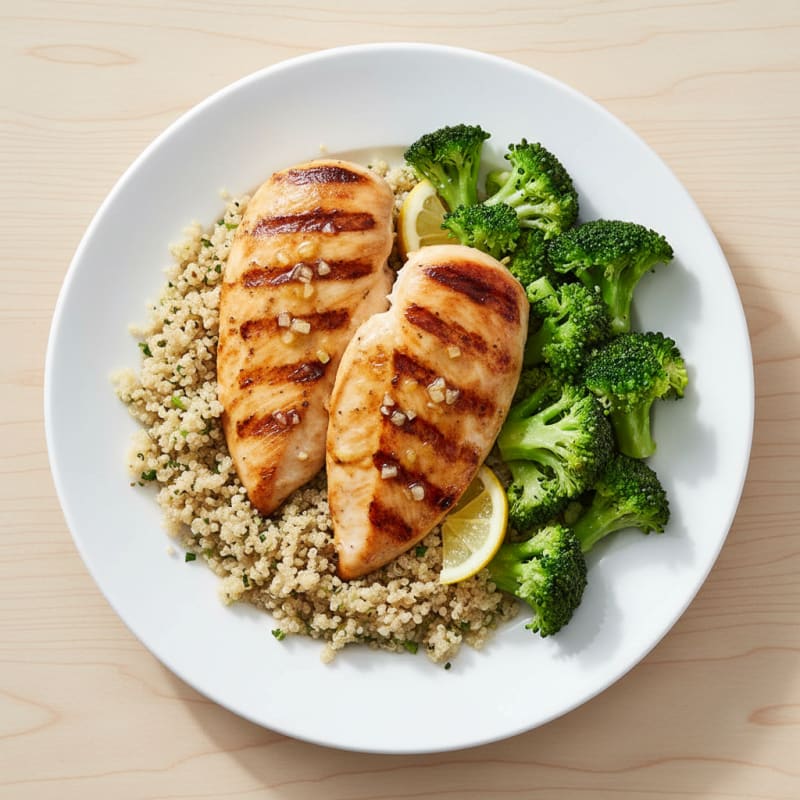 Grilled Lemon Garlic Chicken Breast with Quinoa and Steamed Broccoli