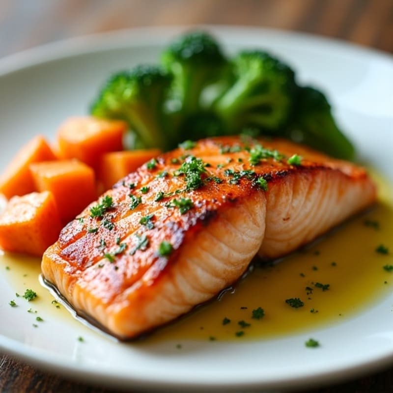 Seared Salmon with Roasted Sweet Potato and Steamed Broccoli