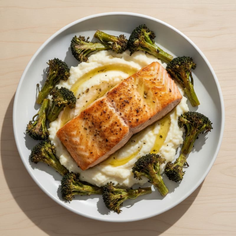 Seared Salmon with Roasted Broccoli and Garlic Mash
