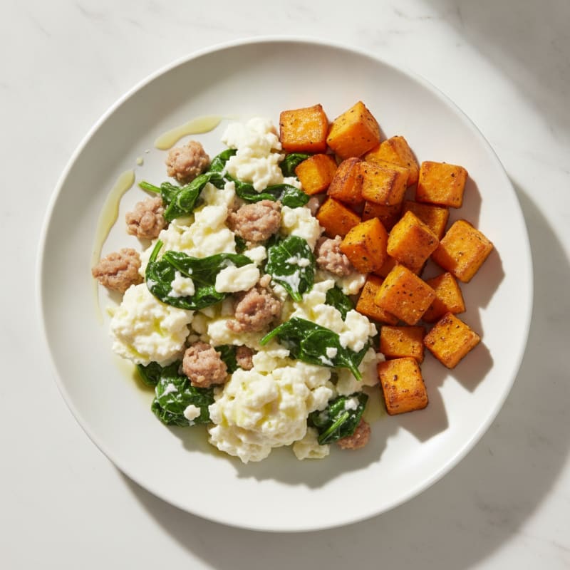 Egg White and Turkey Sausage Scramble with Spinach and Roasted Sweet Potato