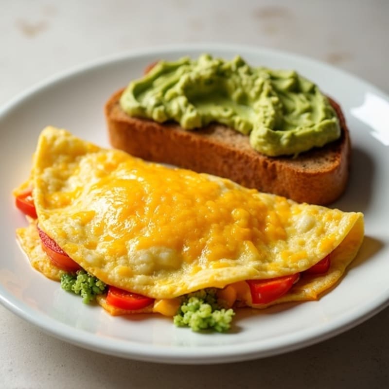 Egg and Cheese Omelette with Sautéed Bell Peppers and Avocado Toast