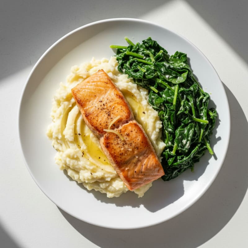 Seared Salmon with Creamy Spinach and Garlic Mashed Potatoes
