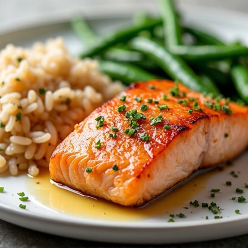 Pan Seared Salmon with Garlic Green Beans and Brown Rice
