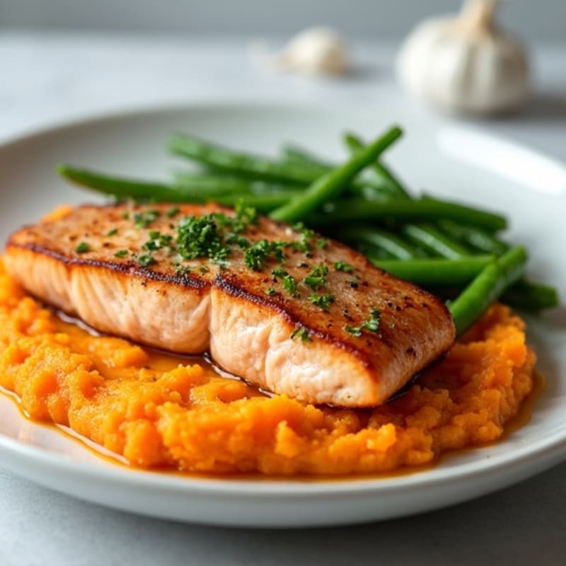Seared Salmon with Garlic Green Beans and Sweet Potato Mash