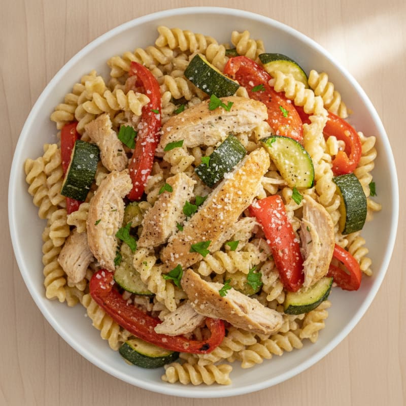 Rotisserie Chicken Pasta with Roasted Vegetables