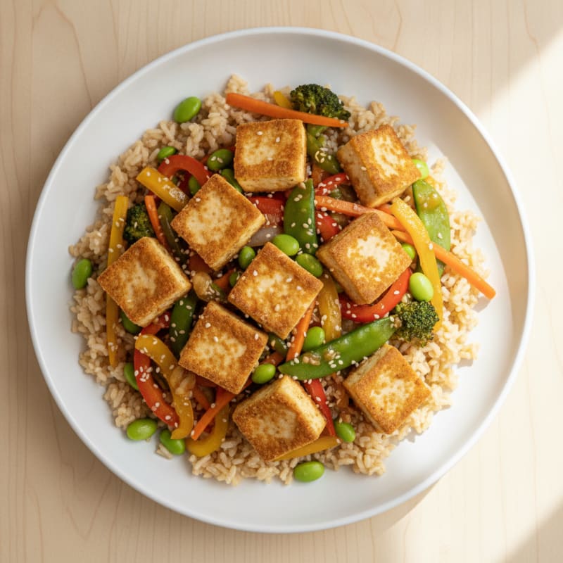 Crispy Tofu and Bean Stir Fry with Rice
