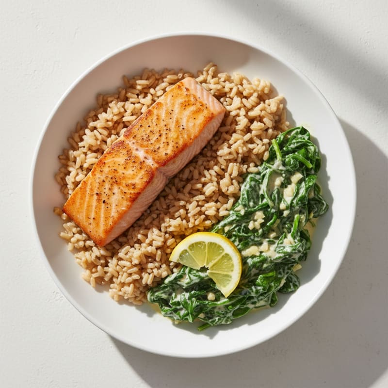 Seared Salmon with Creamy Garlic Spinach and Brown Rice