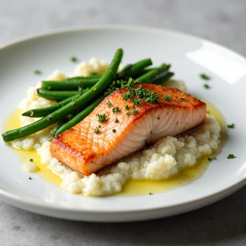 Seared Salmon Fillet with Garlic Green Beans and Cauliflower Mash
