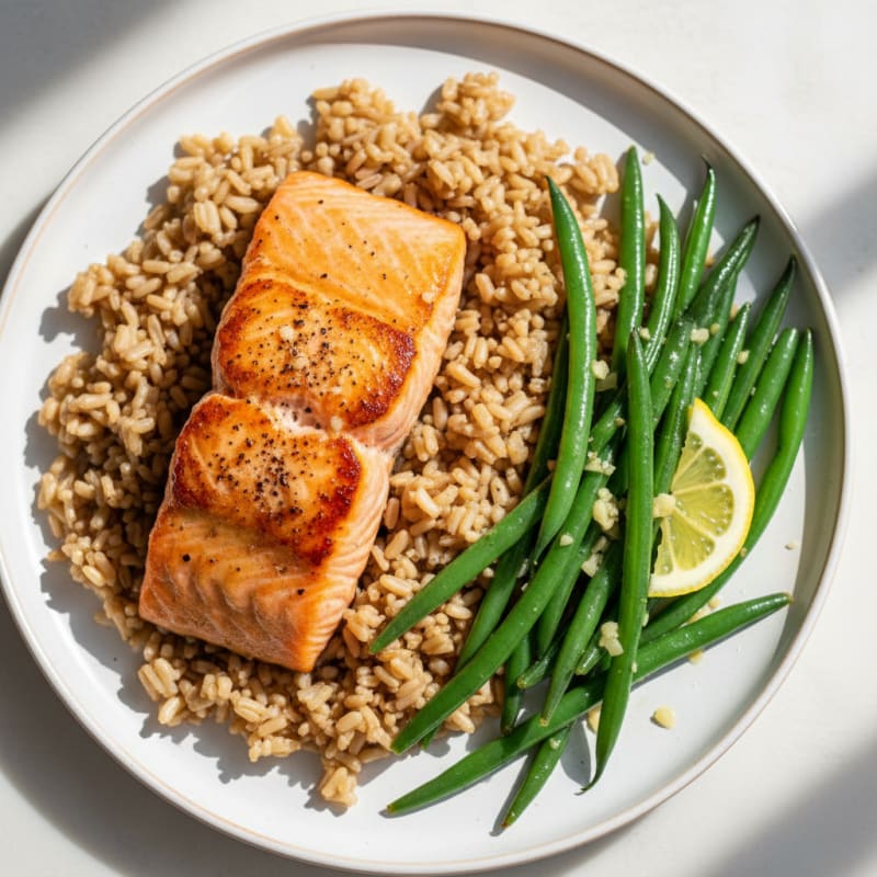 Seared Salmon Fillet with Lemon-Garlic Green Beans and Brown Rice