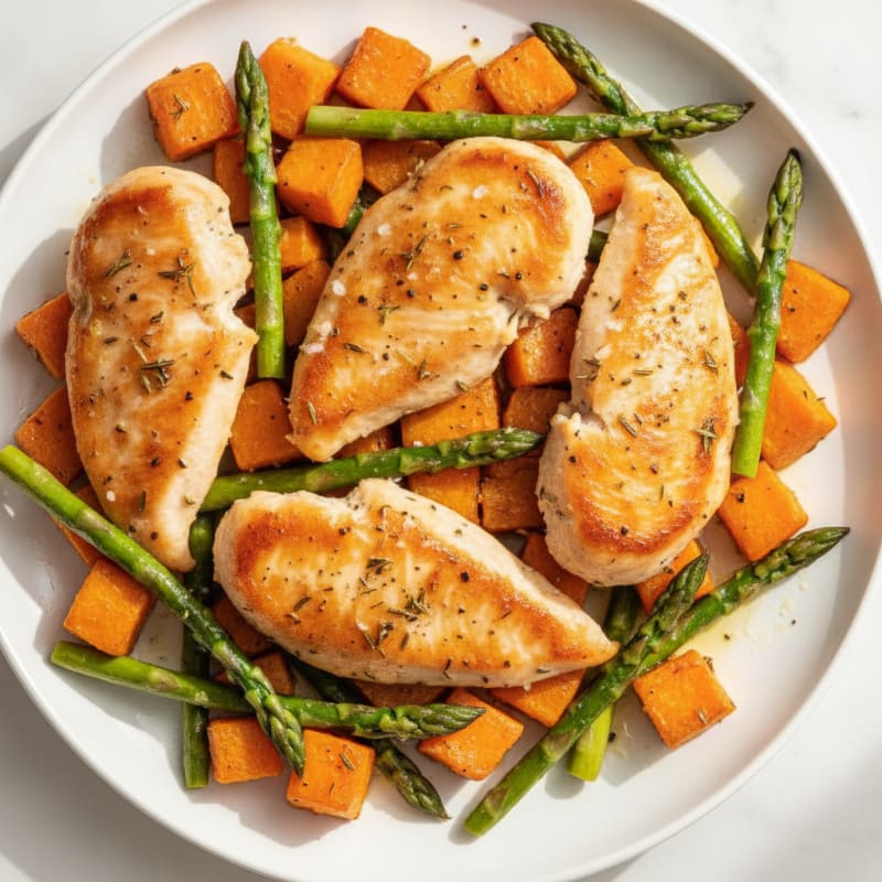 Herb-Roasted Chicken with Sweet Potato and Asparagus