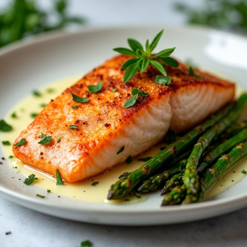 Crispy Pan-Seared Salmon with Garlic Roasted Asparagus