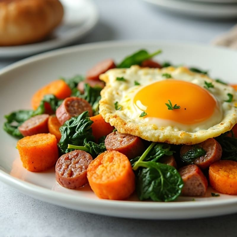Egg White and Turkey Sausage Scramble with Spinach and Roasted Sweet Potato