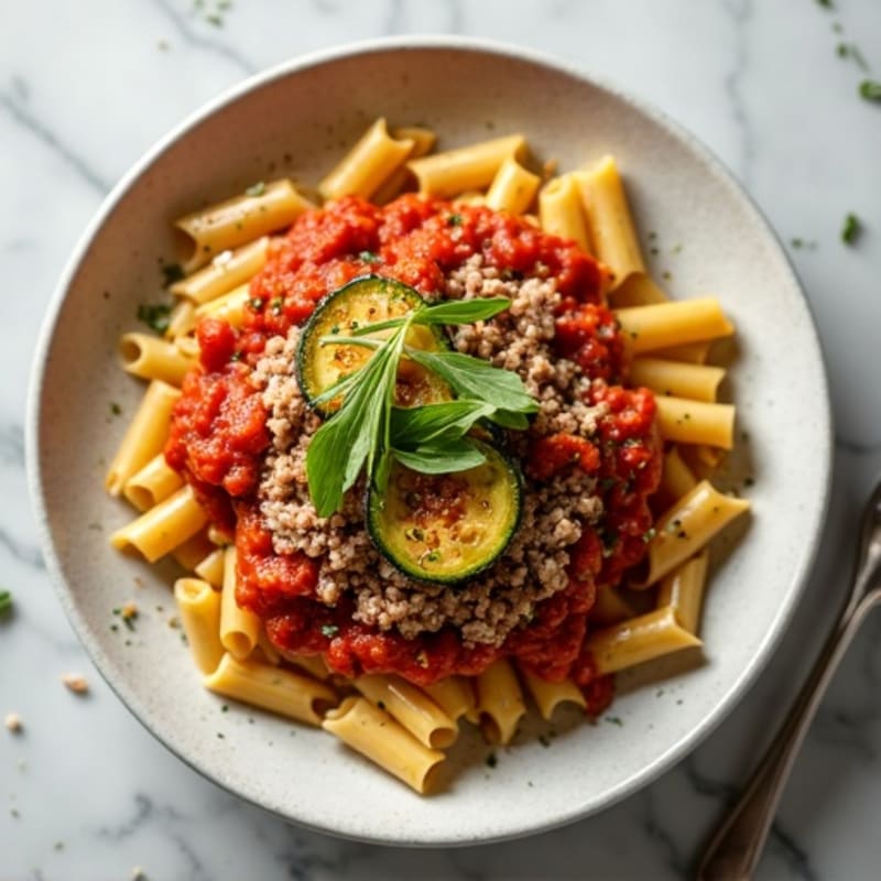 Lean Ground Turkey Pasta with Hearty Tomato Sauce and Sautéed Zucchini