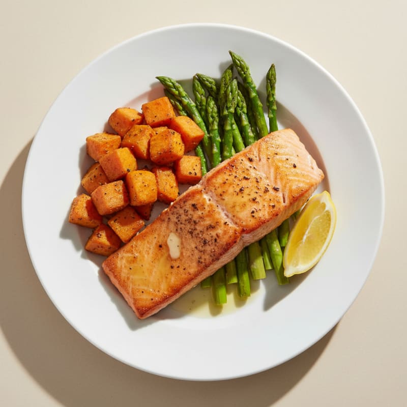 Seared Salmon with Roasted Sweet Potatoes and Asparagus