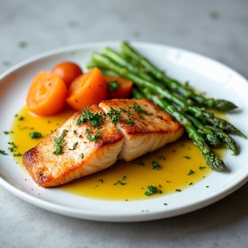 Seared Salmon Fillet with Roasted Sweet Potato and Asparagus