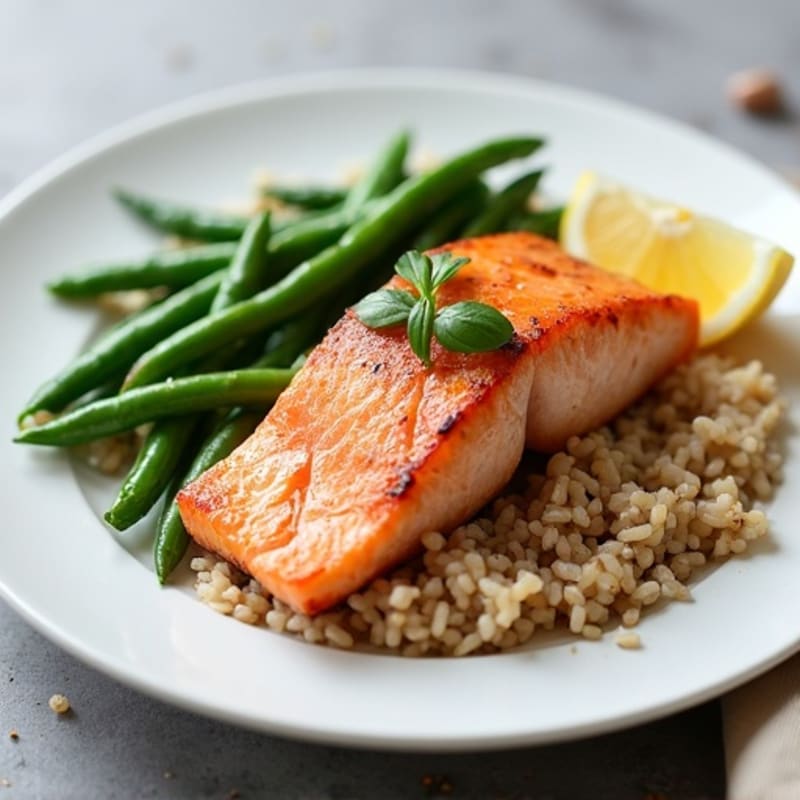Seared Salmon with Garlic Green Beans and Brown Rice
