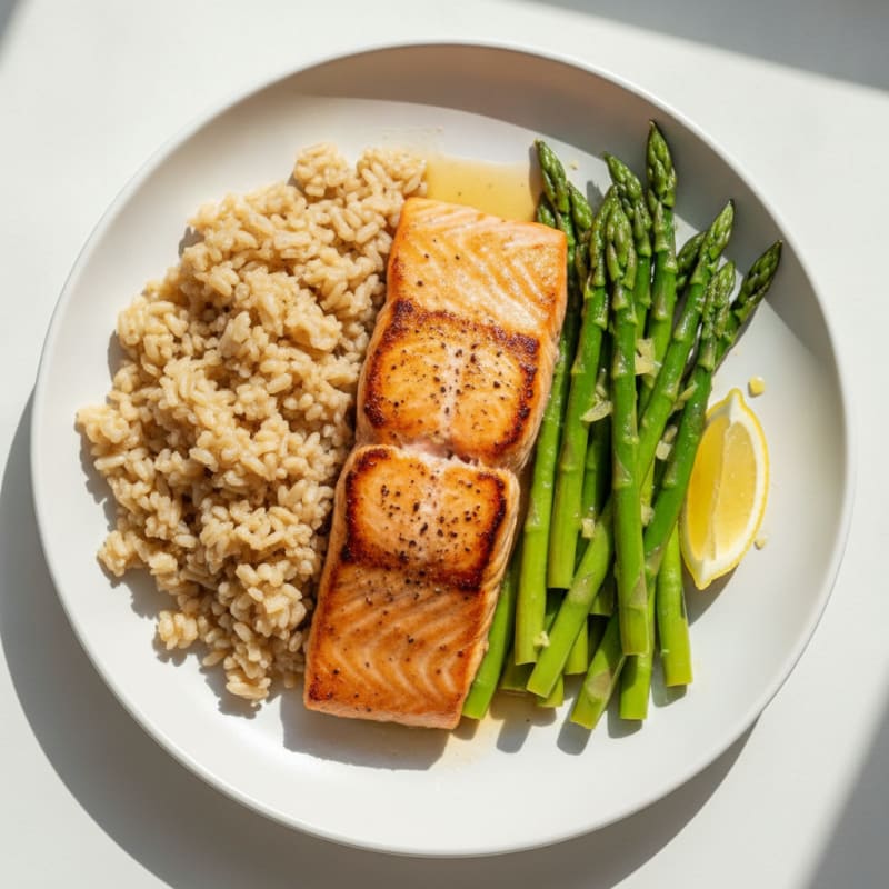 Seared Salmon with Steamed Asparagus and Brown Rice
