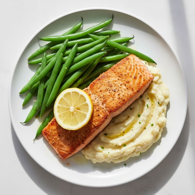 Seared Salmon with Steamed Green Beans and Garlic Mashed Cauliflower