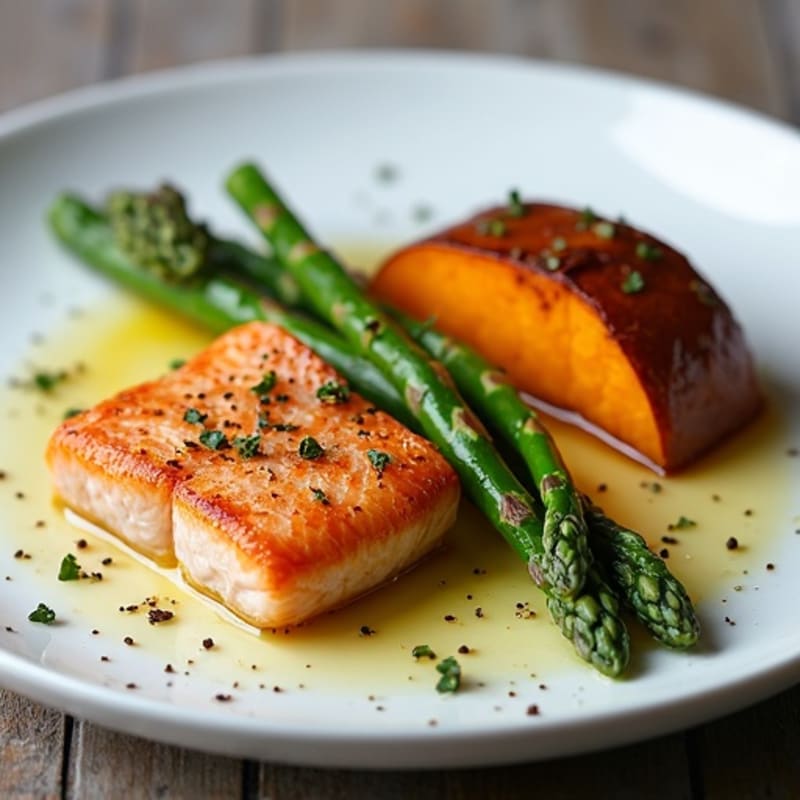 Pan-Seared Salmon with Roasted Asparagus and Sweet Potato