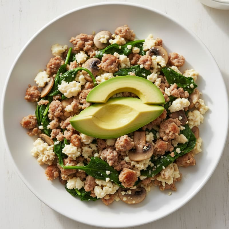 Egg White and Turkey Sausage Scramble with Spinach and Mushrooms