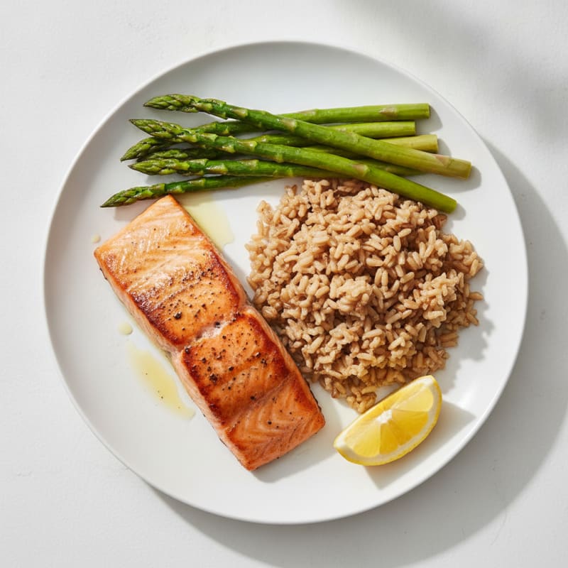 Seared Salmon with Steamed Asparagus and Brown Rice