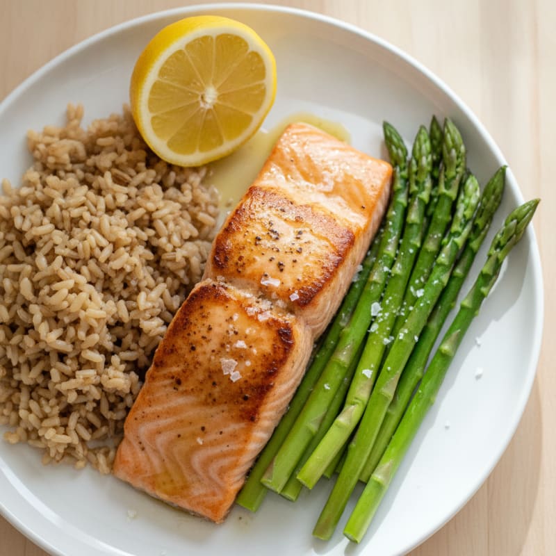 Seared Salmon with Steamed Asparagus and Brown Rice