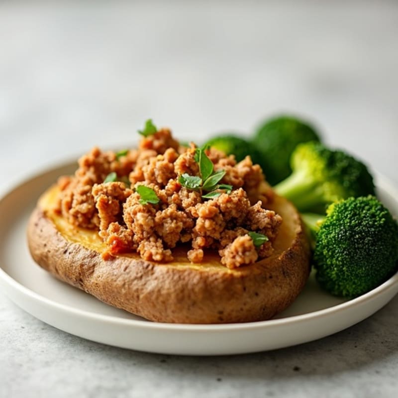 Crispy Baked Potato with Lean Ground Turkey and Steamed Broccoli