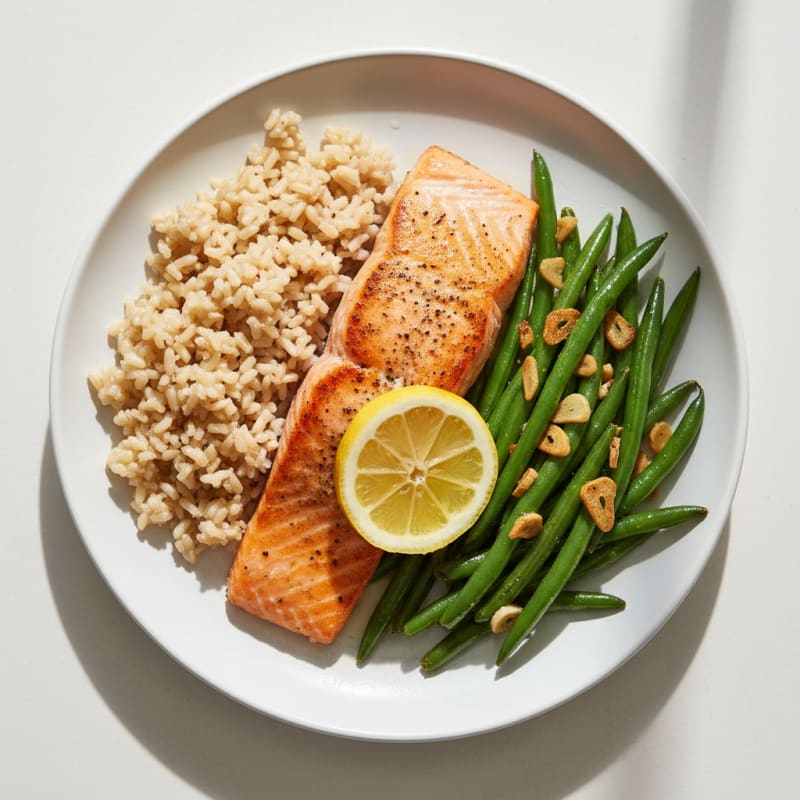 Seared Salmon with Garlic Green Beans and Steamed Brown Rice